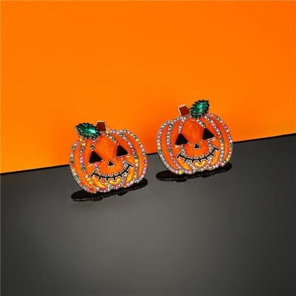 WOWORAMA Halloween Pumpkin Stud Earrings | Smiling Face with Rhinestones. - Picture 4 of 5